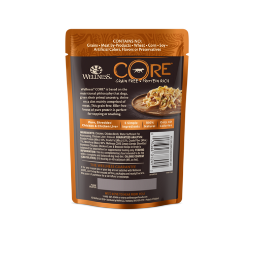 Wellness CORE Simply Shreds for Dogs Shredded Boneless Chicken, Chicken Liver & Broccoli Recipe in Broth (2.8 Oz)