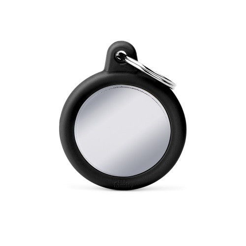 MyFamily Hushtag Chrome-Plated Brass Circle ID Tag with Black Rubber