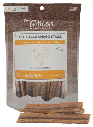 TropiClean Enticers Teeth Cleaning Honey Marinated Chicken Flavor Sticks for Dogs (12 Ct)